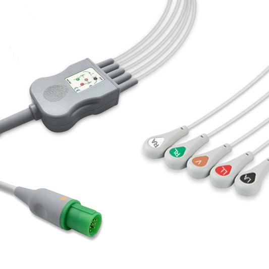 Hellige One-Piece ECG Cable, 5 lead, Snap, 2.5m+1.5m, With Resistance, AHA, Reusable