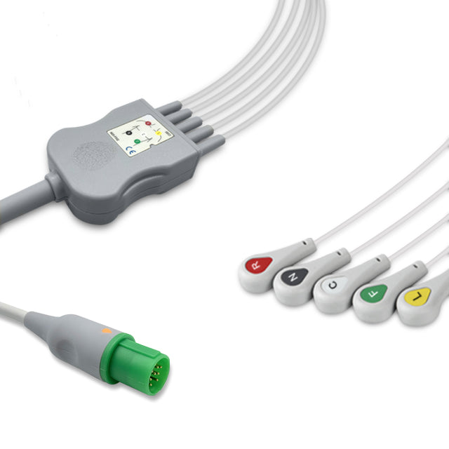 Hellige One-Piece ECG Cable, 5 lead, Snap, 2.5m+1.5m, With Resistance, IEC, Reusable