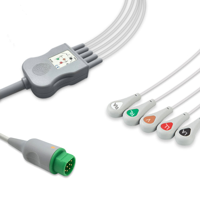 Siemens One-Piece ECG Cable, 5 lead, Snap, 2.5m+1.5m, AHA, Reusable