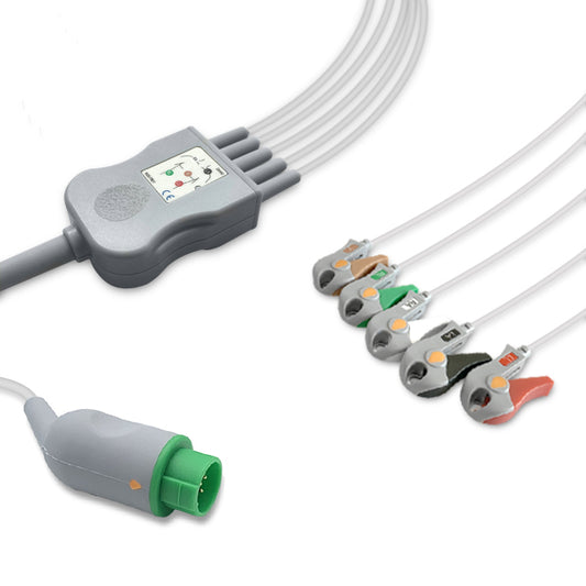 Kontron One-Piece ECG Cable, 5 lead, Grabber, 2.5m+1.5m, With Resistance, AHA, Reusable