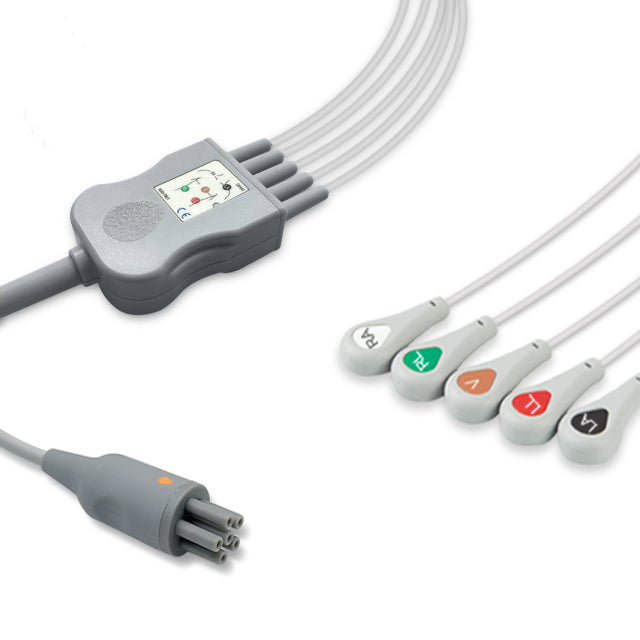 Colin One-Piece ECG Cable, 5 lead, Snap, 2.5m+1.5m, AHA, Reusable