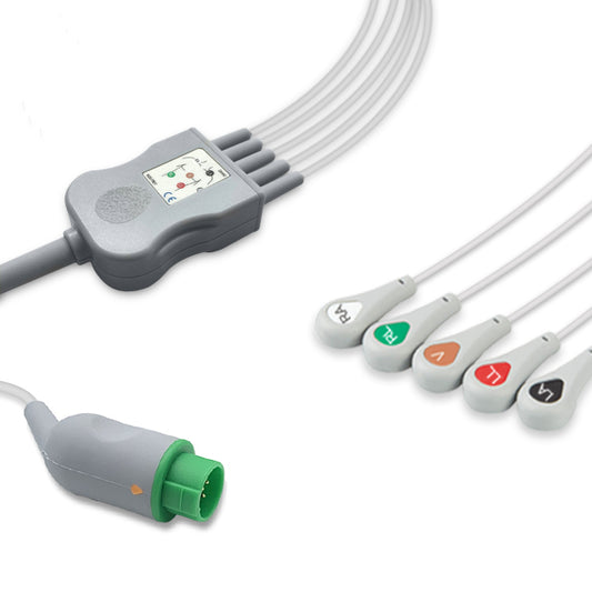 Emtel One-Piece ECG Cable, 5 lead, Snap, 2.5m+1.5m, With Resistance, AHA, Reusable