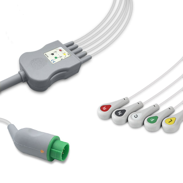 Emtel One-Piece ECG Cable, 5 lead, Snap, 2.5m+1.5m, With Resistance, IEC, Reusable