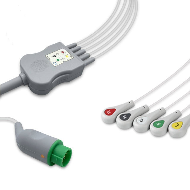 Mennen Medical One-Piece ECG Cable, 5 lead, Snap, 2.5m+1.5m, With Resistance, IEC, Reusable