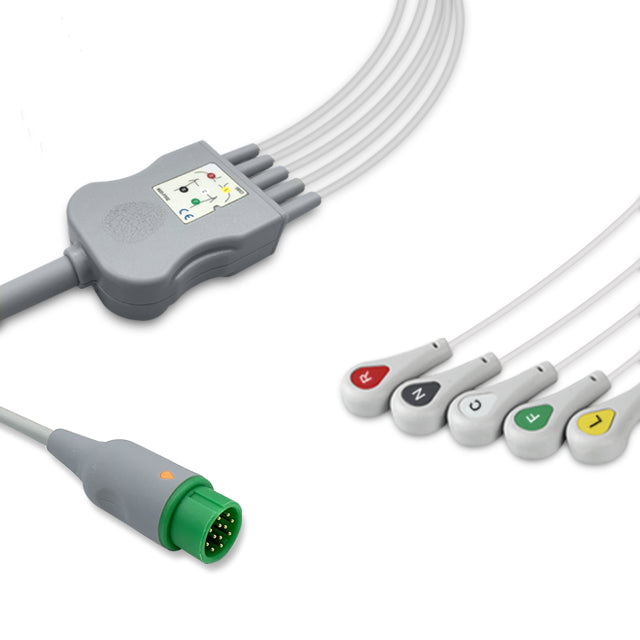 Infinium One-Piece ECG Cable, 5 lead, Snap, 2.5m+1.5m, With Resistance, IEC, Reusable