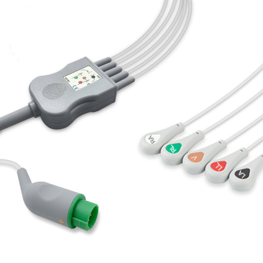 Bexen Cardio One-Piece ECG Cable, 5 lead, Snap, 2.2m+0.9m, AHA, Reusable