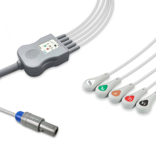 Innomed One-Piece ECG Cable, 5 lead, Snap, 2.2m+0.9m, With Resistance, AHA, Reusable