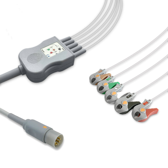 ECAFIX One-Piece ECG Cable, 5 lead, Grabber, 2.5m+mixed 0.9m/1.3m, With Resistance, AHA, Reusable