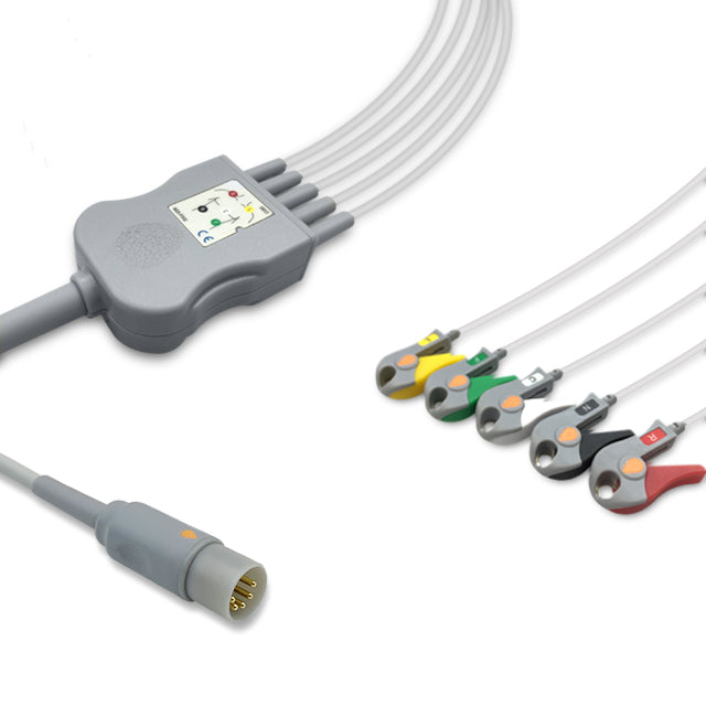 ECAFIX One-Piece ECG Cable, 5 lead, Grabber, 2.5m+mixed 0.9m/1.3m, With Resistance, IEC, Reusable