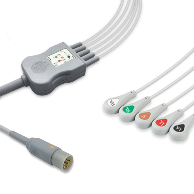 ECAFIX One-Piece ECG Cable, 5 lead, Snap, 2.5m+mixed 0.9m/1.3m, With Resistance, AHA, Reusable