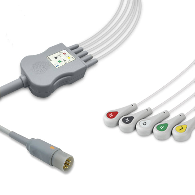 ECAFIX One-Piece ECG Cable, 5 lead, Snap, 2.5m+mixed 0.9m/1.3m, With Resistance, IEC, Reusable