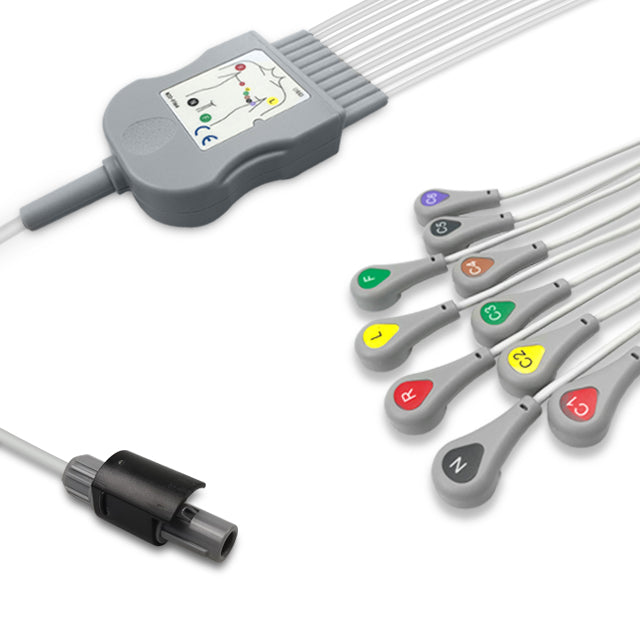 Welch Allyn One-Piece ECG Cable, 10 lead, Snap, 2.2m+mixed 0.9m/1.3m, With Resistance, IEC, Reusable