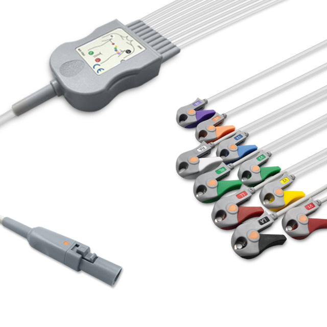 Burdick One-Piece ECG Cable 60-00184-01, 10 lead, Grabber, 2.2m+mixed 0.9m/1.3m, With Resistance, AHA, Reusable