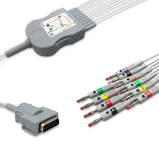 Burdick One-Piece ECG Cable, 10 lead, 4mm banana, 2.2m+mixed 0.9m/1.3m, With Resistance, IEC, Reusable