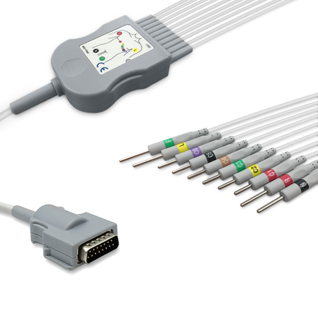 Burdick One-Piece ECG Cable, 10 lead, 3mm needle, 2.2m+mixed 0.9m/1.3m, With Resistance, IEC, Reusable