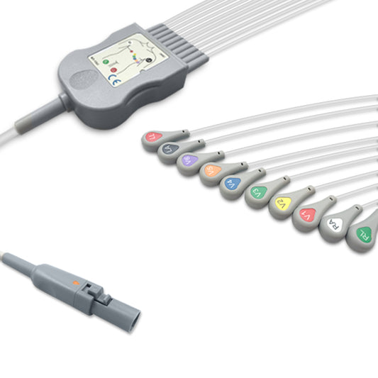 Burdick One-Piece ECG Cable 60-00181-01, 10 lead, Snap, 2.2m+mixed 0.9m/1.3m, With Resistance, AHA, Reusable