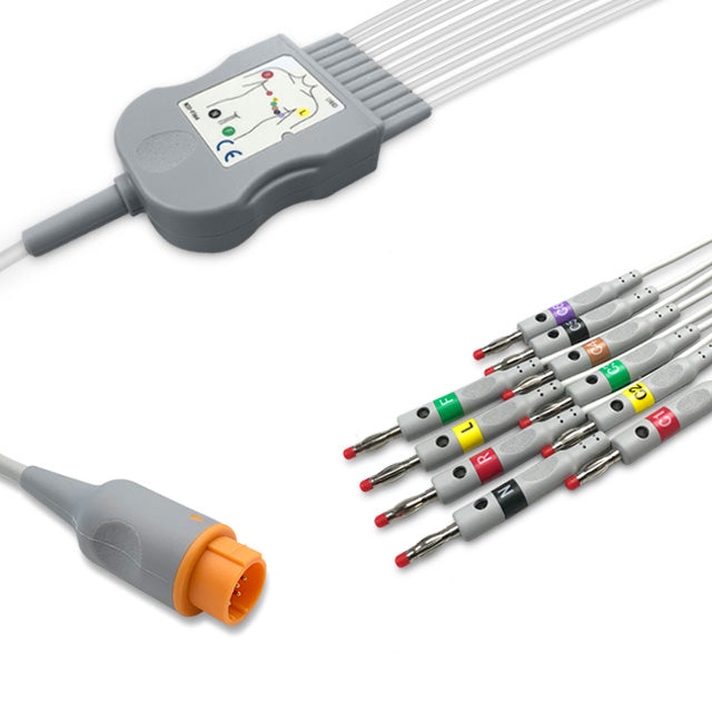 Dixtal One-Piece ECG Cable, 10 lead, 4mm banana, 2.2m+mixed 0.9m/1.3m, With Resistance, IEC, Reusable