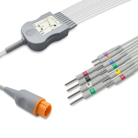 Dixtal One-Piece ECG Cable, 10 lead, 3mm needle, 2.2m+mixed 0.9m/1.3m, With Resistance, AHA, Reusable