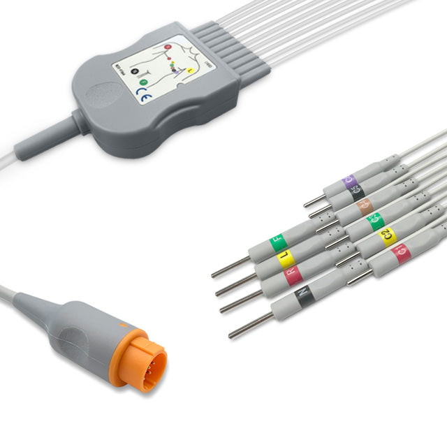 Dixtal One-Piece ECG Cable, 10 lead, 3mm needle, 2.2m+mixed 0.9m/1.3m, With Resistance, IEC, Reusable