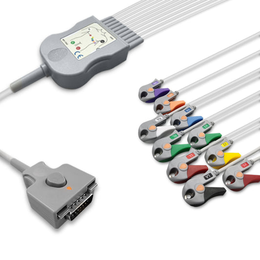 Fukuda Denshi One-Piece ECG Cable, 10 lead, Grabber, 2.2m+mixed 0.9m/1.3m, With Resistance, AHA, Reusable