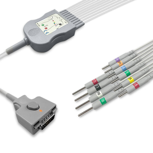 Fukuda Denshi One-Piece ECG Cable, 10 lead, 3mm needle, 2.2m+mixed 0.9m/1.3m, With Resistance, AHA, Reusable