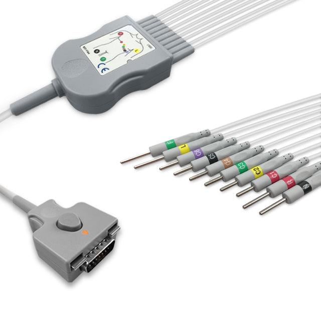 Fukuda Denshi One-Piece ECG Cable, 10 lead, 3mm needle, 2.2m+mixed 0.9m/1.3m, With Resistance, IEC, Reusable