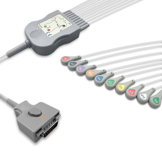 Fukuda Denshi One-Piece ECG Cable, 10 lead, Snap, 2.2m+mixed 0.9m/1.3m, With Resistance, AHA, Reusable