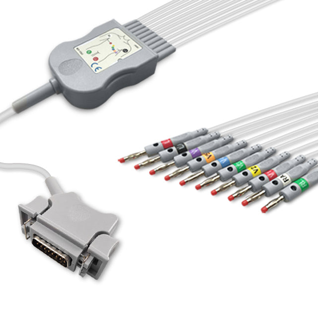 Hellige One-Piece ECG Cable, 10 lead, 4mm banana, 2.2m+mixed 0.9m/1.3m, With Resistance, AHA, Reusable