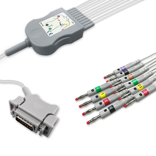 Hellige One-Piece ECG Cable, 10 lead, 4mm banana, 2.2m+mixed 0.9m/1.3m, With Resistance, IEC, Reusable