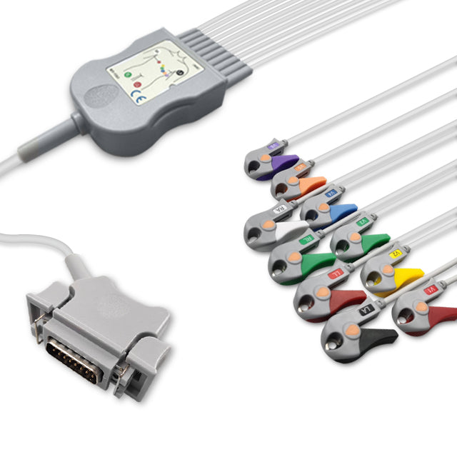 Hellige One-Piece ECG Cable, 10 lead, Grabber, 2.2m+mixed 0.9m/1.3m, With Resistance, AHA, Reusable