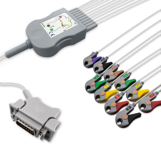 Hellige One-Piece ECG Cable, 10 lead, Grabber, 2.2m+mixed 0.9m/1.3m, With Resistance, IEC, Reusable