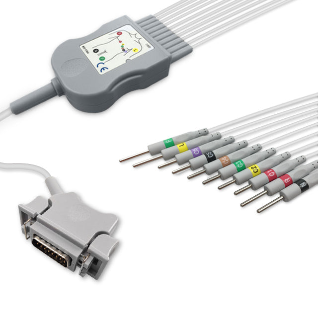 Hellige One-Piece ECG Cable, 10 lead, 3mm needle, 2.2m+mixed 0.9m/1.3m, With Resistance, IEC, Reusable