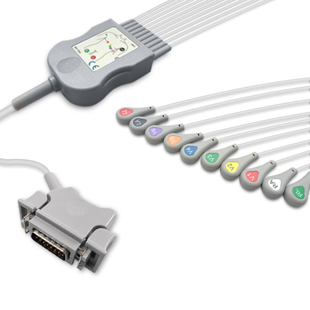 Hellige One-Piece ECG Cable, 10 lead, Snap, 2.2m+mixed 0.9m/1.3m, With Resistance, AHA, Reusable