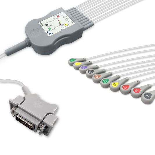 Hellige One-Piece ECG Cable, 10 lead, Snap, 2.2m+mixed 0.9m/1.3m, With Resistance, IEC, Reusable