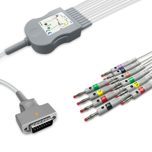 Marquette One-Piece ECG Cable 2104726-001, 10 lead, 4mm banana, 2.2m+mixed 0.9m/1.3m, With Resistance, IEC, Reusable