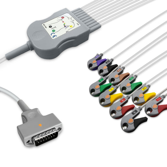 Marquette One-Piece ECG Cable, 10 lead, Grabber, 2.2m+mixed 0.9m/1.3m, With Resistance, IEC, Reusable