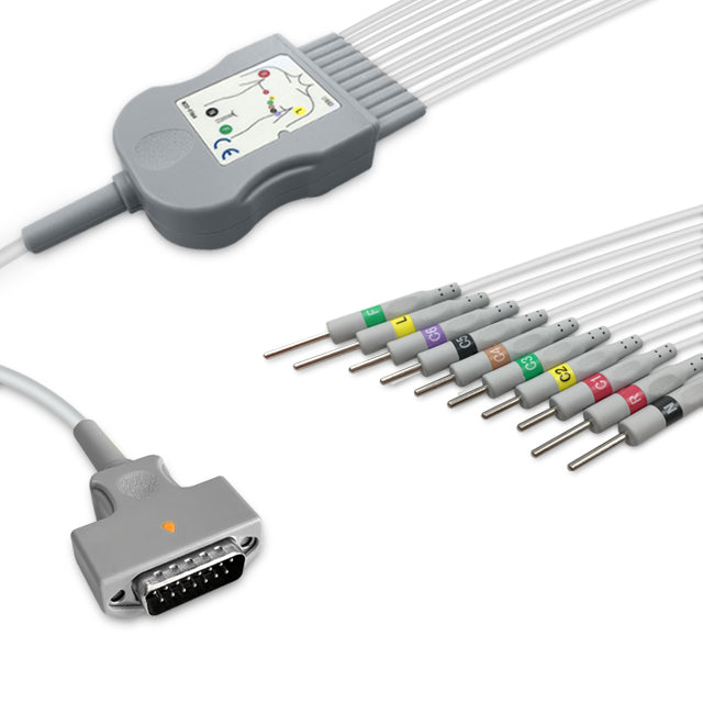 Marquette One-Piece ECG Cable, 10 lead, 3mm needle, 2.2m+mixed 0.9m/1.3m, With Resistance, IEC, Reusable