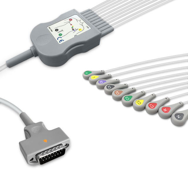 Marquette One-Piece ECG Cable, 10 lead, Snap, 2.2m+mixed 0.9m/1.3m, With Resistance, IEC, Reusable