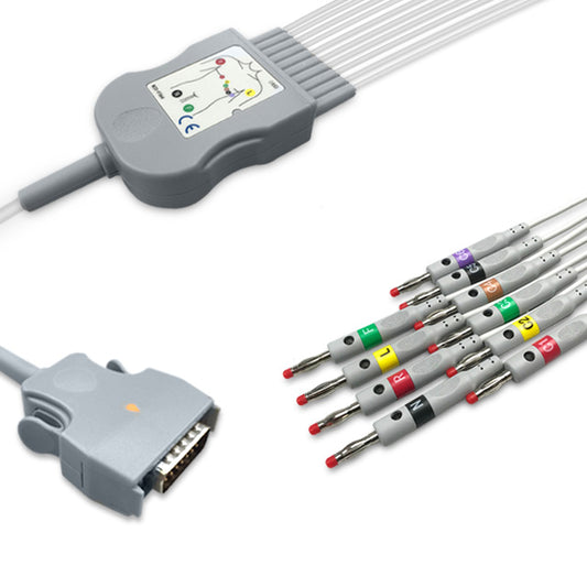 Mortara One-Piece ECG Cable, 10 lead, 4mm banana, 2.2m+mixed 0.9m/1.3m, With Resistance, IEC, Reusable