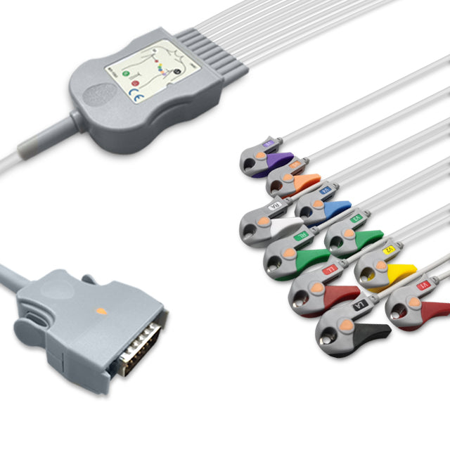 Mortara One-Piece ECG Cable, 10 lead, Grabber, 2.2m+mixed 0.9m/1.3m, With Resistance, AHA, Reusable