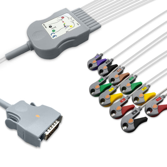 Mortara One-Piece ECG Cable, 10 lead, Grabber, 2.2m+mixed 0.9m/1.3m, With Resistance, IEC, Reusable