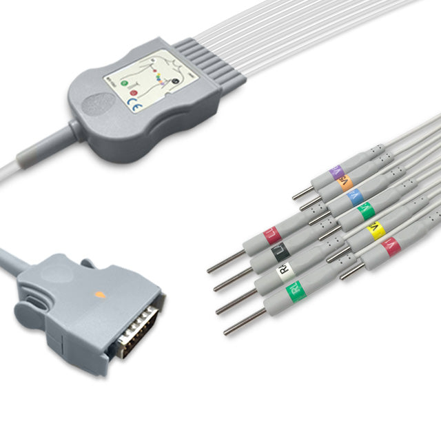 Mortara One-Piece ECG Cable, 10 lead, 3mm needle, 2.2m+mixed 0.9m/1.3m, With Resistance, AHA, Reusable