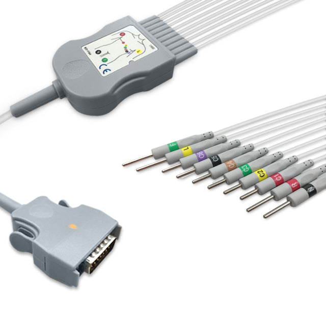 Mortara One-Piece ECG Cable, 10 lead, 3mm needle, 2.2m+mixed 0.9m/1.3m, With Resistance, IEC, Reusable