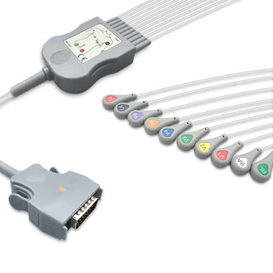 Mortara One-Piece ECG Cable, 10 lead, Snap, 2.2m+mixed 0.9m/1.3m, With Resistance, AHA, Reusable