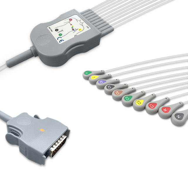 Mortara One-Piece ECG Cable, 10 lead, Snap, 2.2m+mixed 0.9m/1.3m, With Resistance, IEC, Reusable