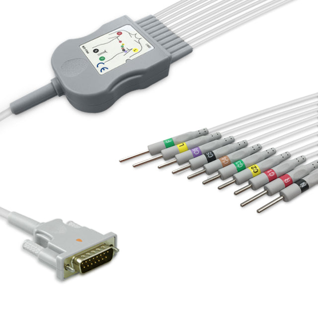 Philips One-Piece ECG Cable, 10 lead, 3mm needle, 2.2m+mixed 0.9m/1.3m, With Resistance, IEC, Reusable