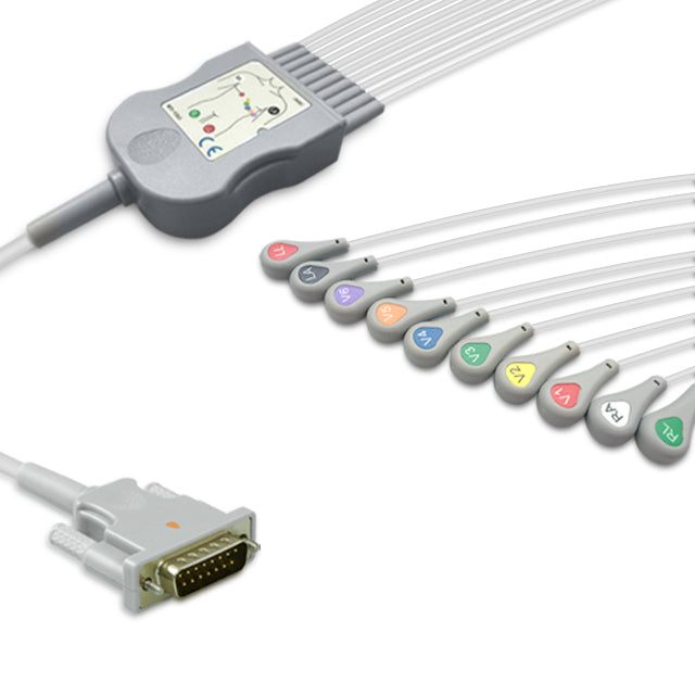 Philips One-Piece ECG Cable, 10 lead, Snap, 2.2m+mixed 0.9m/1.3m, With Resistance, AHA, Reusable