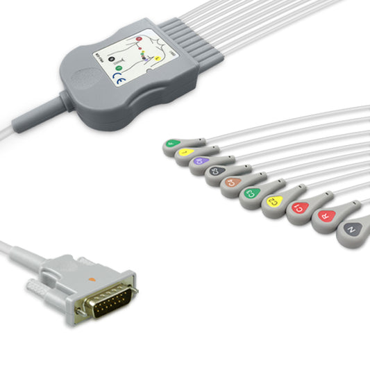 Philips One-Piece ECG Cable, 10 lead, Snap, 2.2m+mixed 0.9m/1.3m, With Resistance, IEC, Reusable