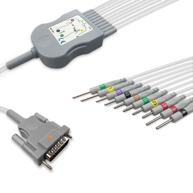 Schiller One-Piece ECG Cable, 10 lead, 3mm needle, 2.2m+mixed 0.9m/1.3m, With Resistance, IEC, Reusable