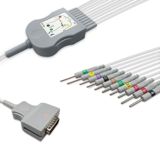 Burdick One-Piece ECG Cable, 10 lead, 3mm needle, 2.2m+mixed 0.9m/1.3m, IEC, Reusable